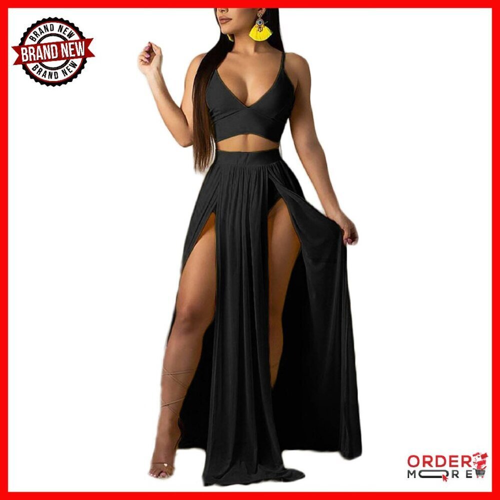 Chiffon 2-Piece Set Deep V Neck Crop Top High Split Maxi Skirt